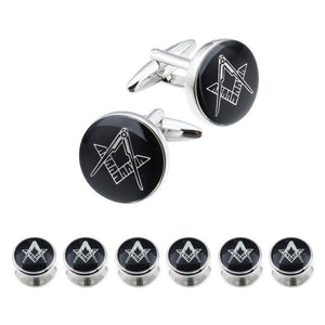 Riaz Impex Masonic Cufflinks & Studs 6 Studs – Silver Tone Masonic Cufflinks & Shirt Studs – Black Round Faces
