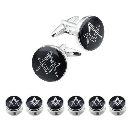 Riaz Impex Masonic Cufflinks & Studs 6 Studs – Silver Tone Masonic Cufflinks & Shirt Studs – Black Round Faces