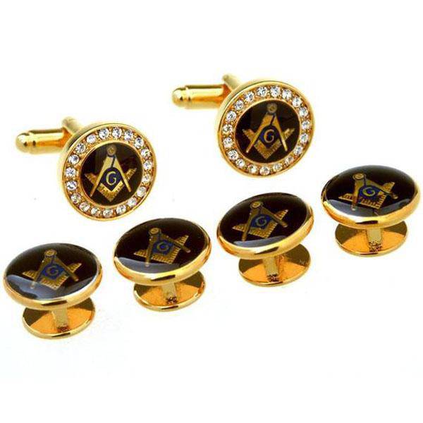 Riaz Impex Masonic Cufflinks & Studs Masonic Cufflinks & Studs – Six-Piece Gold Zirconia Set
