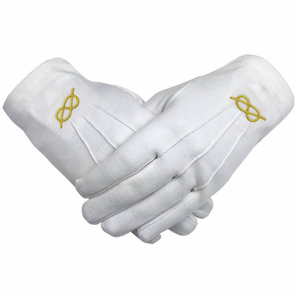 Riaz Impex Masonic Gloves French Rite Gloves – White Cotton with Golden Knot Machine Embroidery