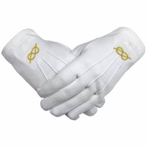 Riaz Impex Masonic Gloves French Rite Gloves – White Cotton with Golden Knot Machine Embroidery