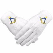 Master Mason Blue Lodge Gloves – Cotton with Yellow and Blue Square & Compass