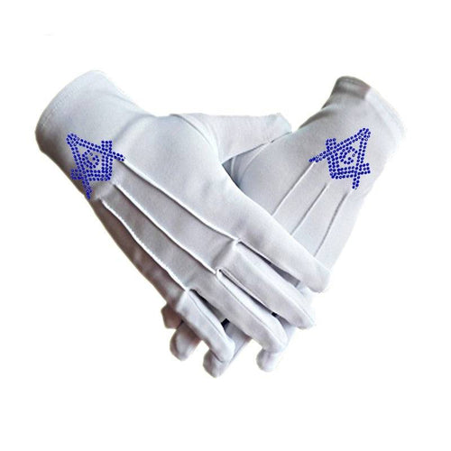Riaz Impex Masonic Gloves Master Mason Blue Lodge Gloves – Polyester With Square and Compass G Rhinestone