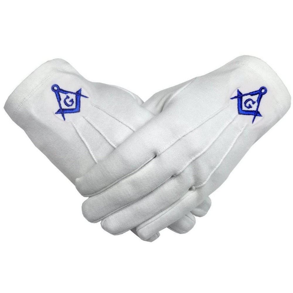 Riaz Impex Masonic Gloves Master Mason Blue Lodge Gloves – White Cotton with Royal Blue Square & Compass G