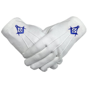 Riaz Impex Masonic Gloves Master Mason Blue Lodge Gloves – White Cotton with Royal Blue Square & Compass G