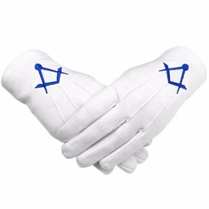 Riaz Impex Masonic Gloves Master Mason Blue Lodge Gloves – White Cotton with Royal Blue Thin Square & Compass