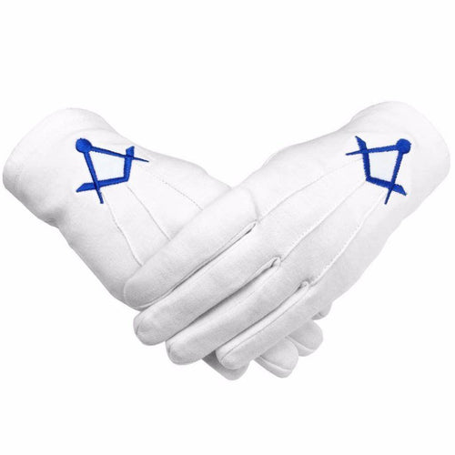 Riaz Impex Masonic Gloves Master Mason Blue Lodge Gloves – White Cotton with Royal Blue Thin Square & Compass