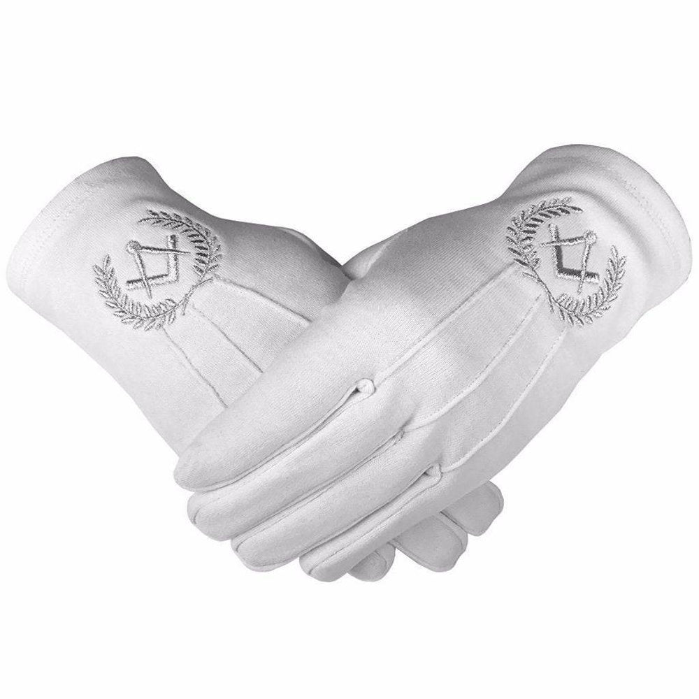 Riaz Impex Masonic Gloves Master Mason Blue Lodge Gloves – White Cotton with Silver Square & Compass