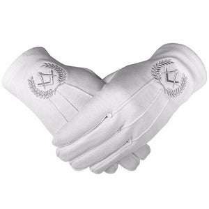 Riaz Impex Masonic Gloves Master Mason Blue Lodge Gloves – White Cotton with Silver Square & Compass