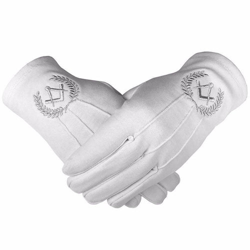 Riaz Impex Masonic Gloves Master Mason Blue Lodge Gloves – White Cotton with Silver Square & Compass