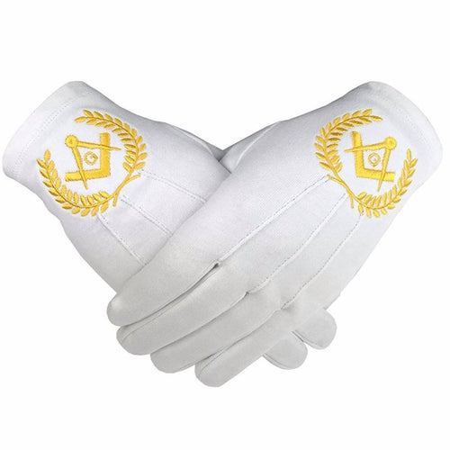 Riaz Impex Masonic Gloves Master Mason Blue Lodge Gloves – White Cotton with Yellow Square & Compass G
