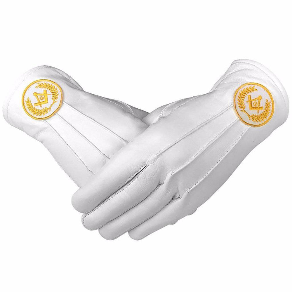 Riaz Impex Masonic Gloves Master Mason Blue Lodge Gloves – White Leather with Yellow Square & Compass G