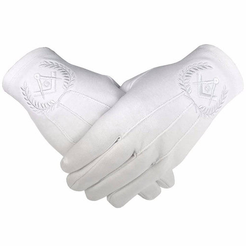 Riaz Impex Masonic Gloves Master Mason Cotton Gloves – White Embroidered Emblem