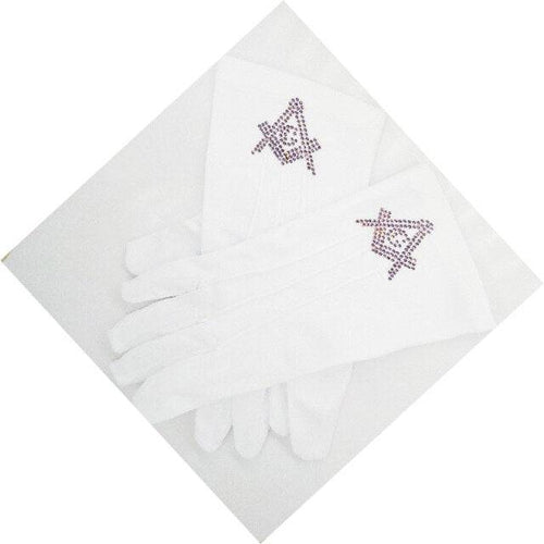Riaz Impex Masonic Gloves purple glove Master Mason Blue Lodge Gloves – Polyester With Square and Compass G Rhinestone