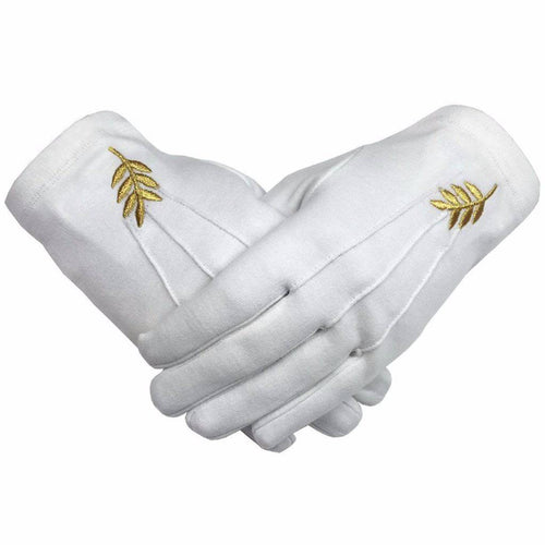Riaz Impex Masonic Gloves Universal Gloves – White Cotton with Golden Acacia Leaf