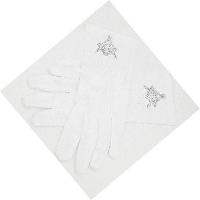 Riaz Impex Masonic Gloves white glove Master Mason Blue Lodge Gloves – Polyester With Square and Compass G Rhinestone