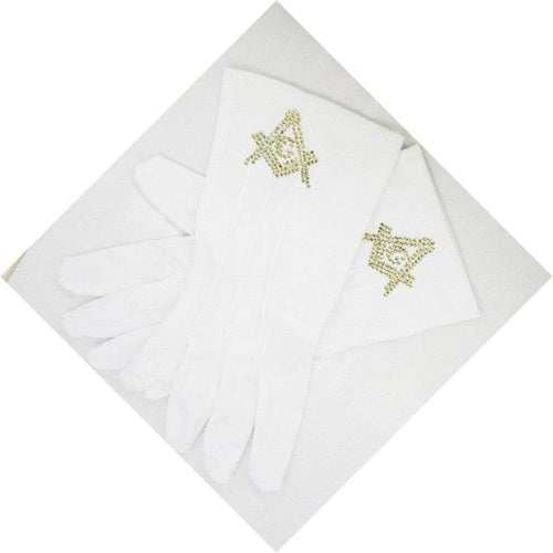 Riaz Impex Masonic Gloves yellow glove Master Mason Blue Lodge Gloves – Polyester With Square and Compass G Rhinestone