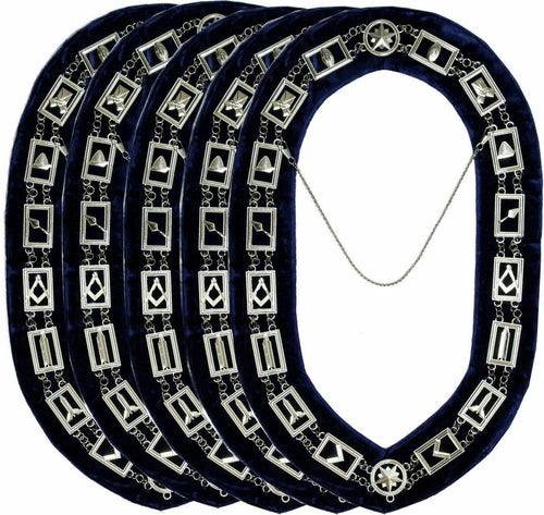 RIAZ IMPEX MASONIC REGALIA 5 PCS Masonic Regalia Master Mason SILVER Metal Chain Collar BLUE Backing