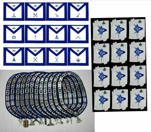 RIAZ IMPEX MASONIC REGALIA BLUE LODGE MASONIC OFFICER APRONS +CHAIN COLLAR + JEWELS + GLOVES LOT OF 12X4