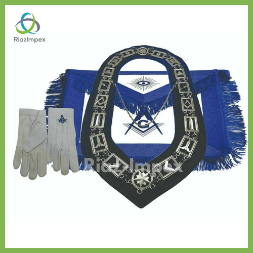 RIAZ IMPEX MASONIC REGALIA Blue Lodge Master Mason Apron With Blue Fringe, Chain Collar And Gloves Set