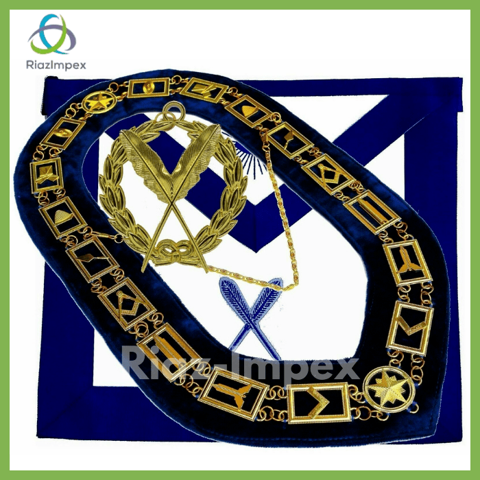 RIAZ IMPEX MASONIC REGALIA Blue Lodge Working Tool Golden Collar Chain Grand Secretary Pendant APRON Packag