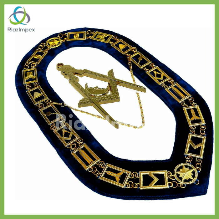 RIAZ IMPEX MASONIC REGALIA Blue Lodge Working Tool Golden Collar Chain + Junior Deacon Pendant BEST QUALITY