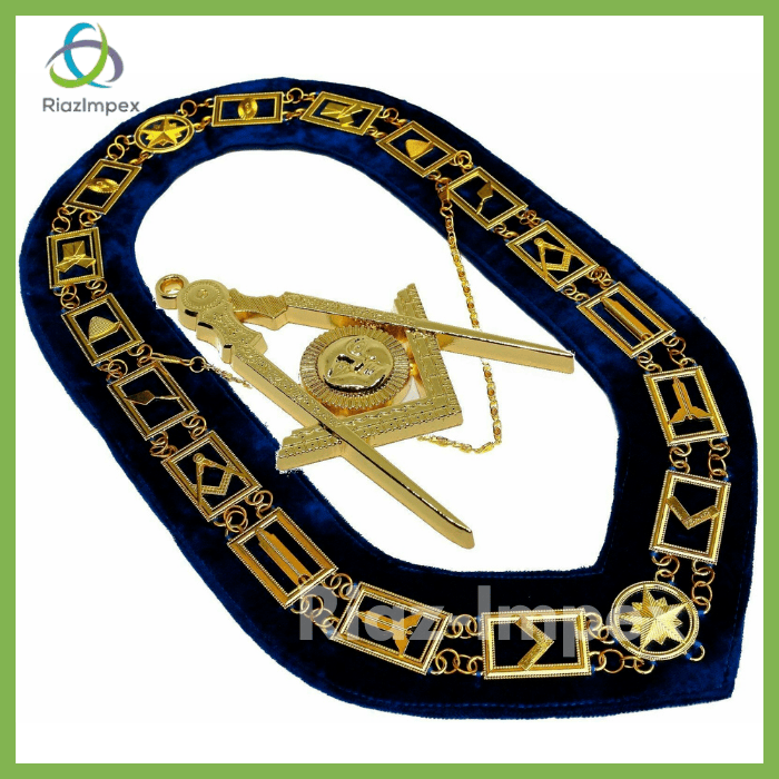 RIAZ IMPEX MASONIC REGALIA Blue Lodge Working Tool Golden Collar Chain + Senior Deacon Pendant Best Quality