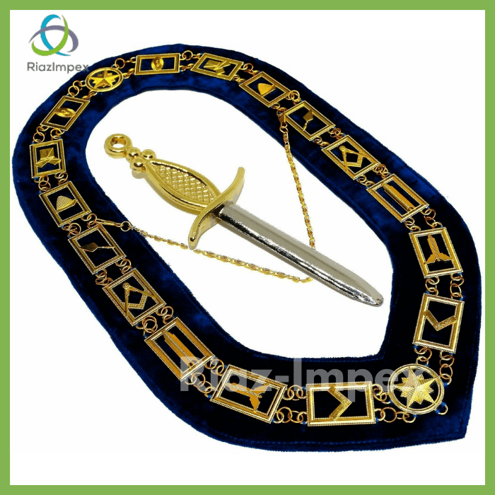 RIAZ IMPEX MASONIC REGALIA Blue Lodge Working Tool Golden Collar Chain + Tyler Sword Pendant Best Quality