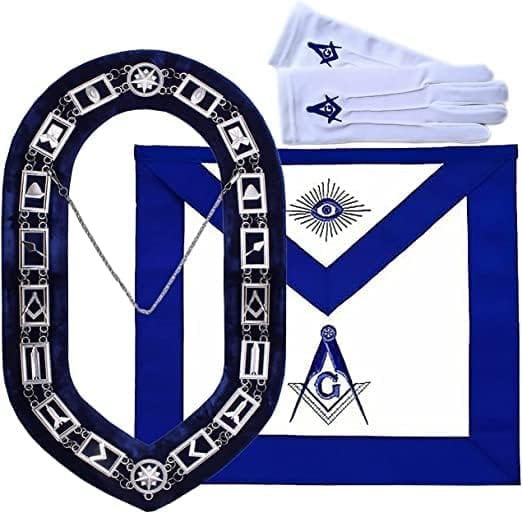 RIAZ IMPEX MASONIC REGALIA Bluenox Blue Lodge Master Mason Apron | Cotton, 14x16 inches | Blue Ribbon Border, Back Pocket | Snake Set Belt Included | Chain Collar | Cotton Gloves with Square and Compass Embroidery