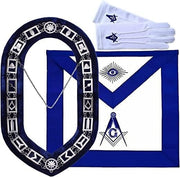 Bluenox Blue Lodge Master Mason Apron | Cotton, 14x16 inches | Blue Ribbon Border, Back Pocket | Snake Set Belt Included | Chain Collar | Cotton Gloves with Square and Compass Embroidery