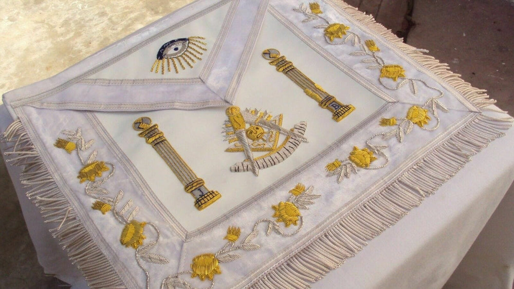 RIAZ IMPEX MASONIC REGALIA HAND EMBROIDER MASONIC GRAND PAST MASTER APRON WHITE BEST QUALITY