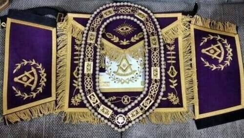 RIAZ IMPEX MASONIC REGALIA HAND EMBROIDERED GRAND LODGE PAST MASTER APRON CUFF PURPLE CHAIN COLLAR SET