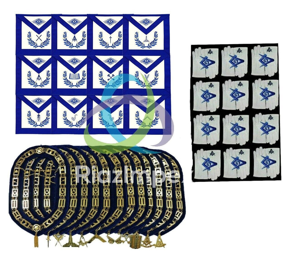 RIAZ IMPEX MASONIC REGALIA Masonic Aprons & Regalia Blue Lodge Officers Chain Collar and Gloves Set of 12
