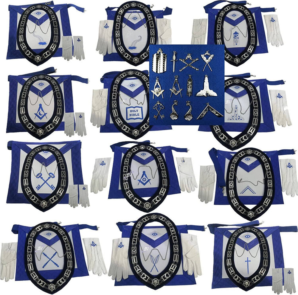 RIAZ IMPEX MASONIC REGALIA Masonic Blue Lodge Free Masons Officer Aprons 12 Chain Collar 12 Jewels 12 Gloves 12 Set of 12X4 Lot