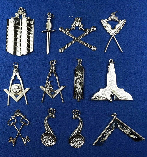 RIAZ IMPEX MASONIC REGALIA Masonic Blue Lodge Free Masons Officer Aprons 12 Chain Collar 12 Jewels 12 Gloves 12 Set of 12X4 Lot