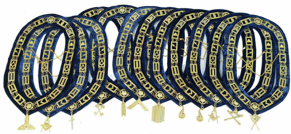 RIAZ IMPEX MASONIC REGALIA MASONIC BLUE LODGE GOLD LOT OF 12 CHAIN COLLAR + FREE JEWEL SET BEST QUALITY