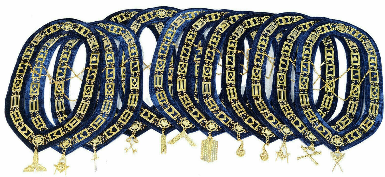 RIAZ IMPEX MASONIC REGALIA MASONIC BLUE LODGE GOLD LOT OF 12 CHAIN COLLAR + FREE JEWEL SET BEST QUALITY