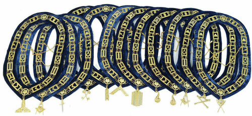 RIAZ IMPEX MASONIC REGALIA MASONIC BLUE LODGE GOLD LOT OF 12 CHAIN COLLAR + FREE JEWEL SET BEST QUALITY