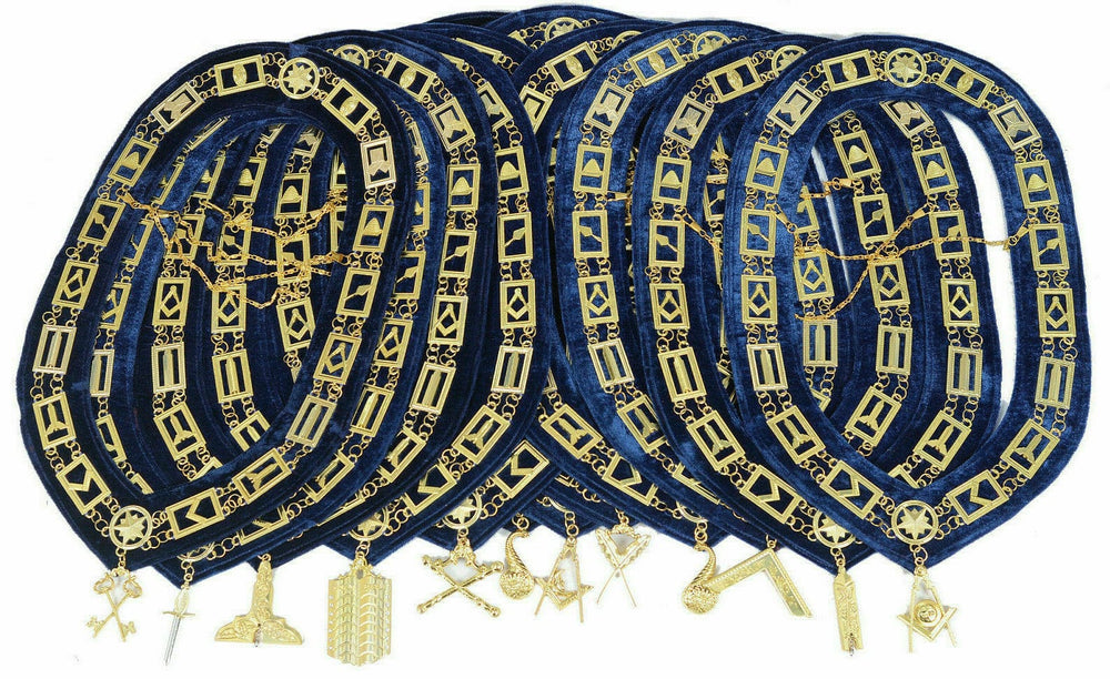 RIAZ IMPEX MASONIC REGALIA MASONIC BLUE LODGE GOLD LOT OF 12 CHAIN COLLAR + FREE JEWEL SET BEST QUALITY