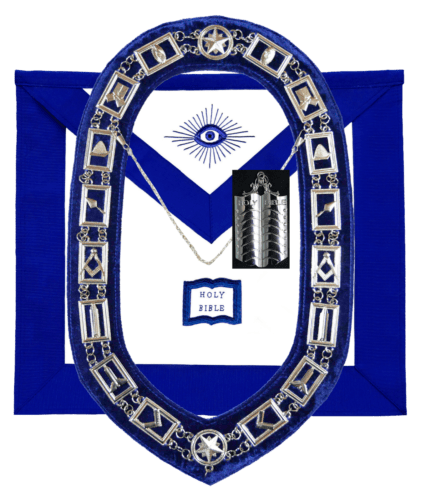 RIAZ IMPEX MASONIC REGALIA MASONIC BLUE LODGE OFFICER CHAPLAIN APRON SILVER CHAIN COLLAR AND JEWEL