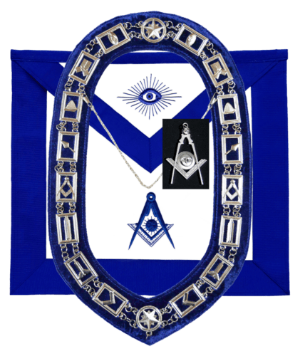 RIAZ IMPEX MASONIC REGALIA MASONIC BLUE LODGE OFFICER SENIOR DEACON APRON SILVER CHAIN COLLAR AND JEWEL