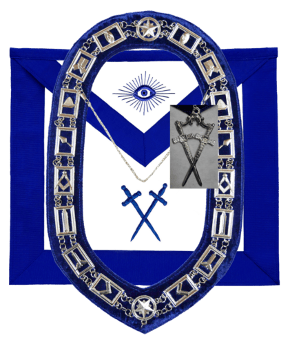 RIAZ IMPEX MASONIC REGALIA MASONIC BLUE LODGE OFFICER SENTINEL APRON SILVER CHAIN COLLAR AND JEWEL