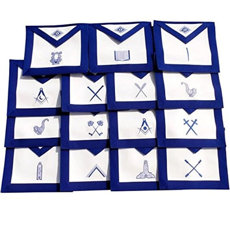 RIAZ IMPEX MASONIC REGALIA Masonic Blue Lodge Officers Apron Machine Embroidery Set of 15 Aprons