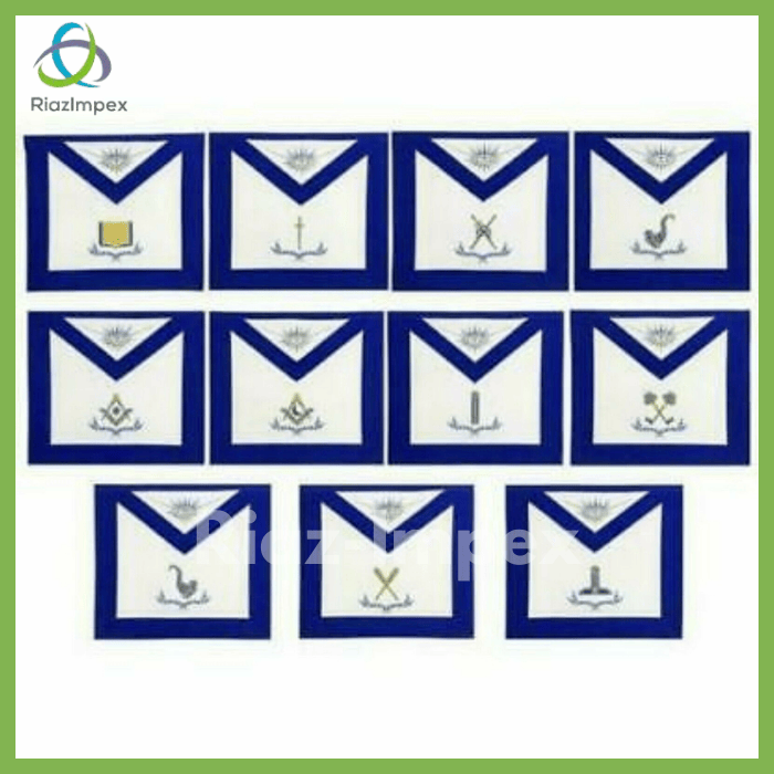 RIAZ IMPEX MASONIC REGALIA Masonic Blue Lodge Officers Apron Set of 11 Machine Embroidery Aprons