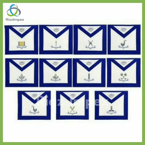 RIAZ IMPEX MASONIC REGALIA Masonic Blue Lodge Officers Apron Set of 11 Machine Embroidery Aprons