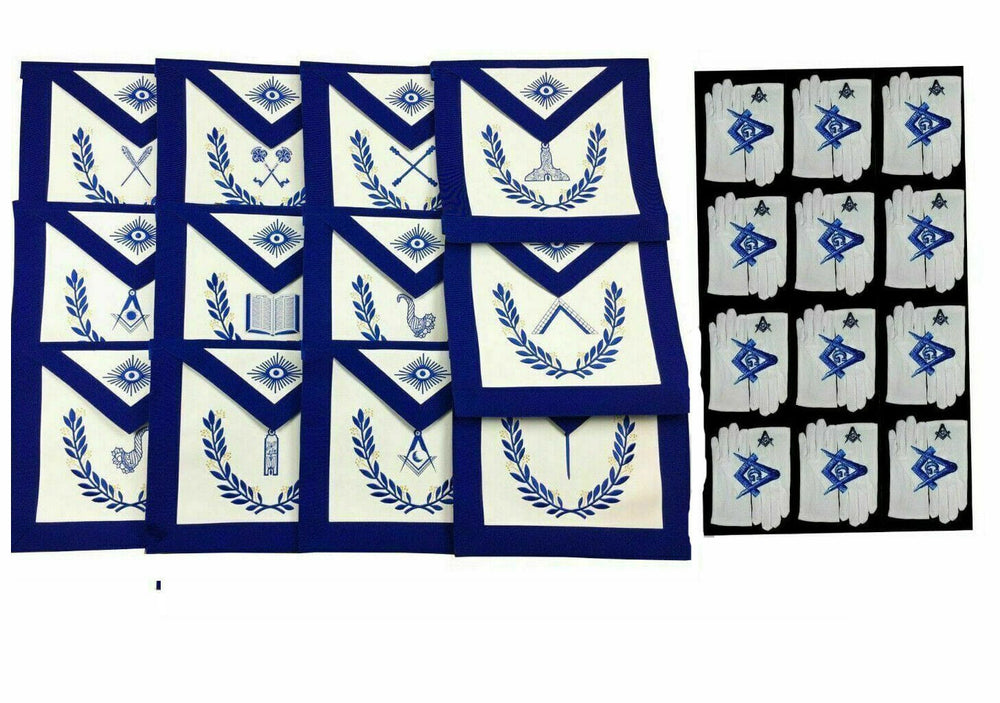 RIAZ IMPEX MASONIC REGALIA MASONIC BLUE LODGE OFFICERS APRON - SET OF 12 APRON WITH FREE 12 COTTON GLOVES