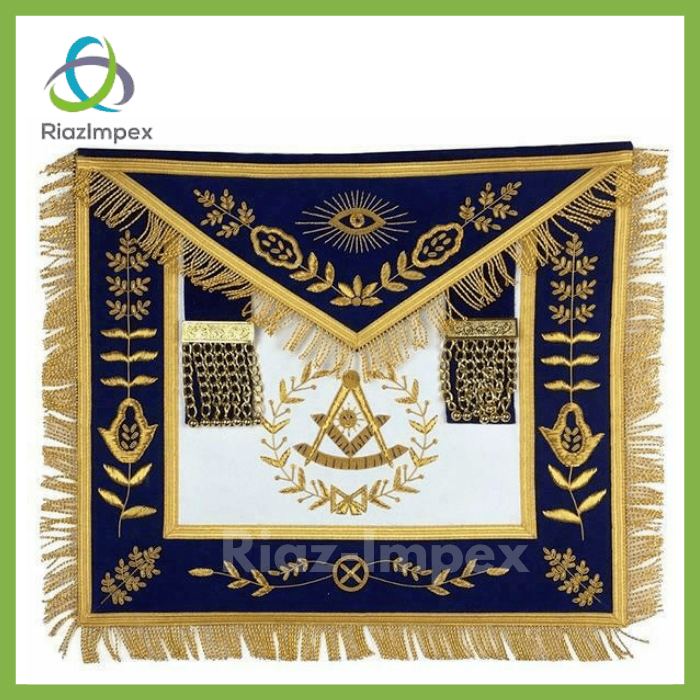 RIAZ IMPEX MASONIC REGALIA Masonic Blue Lodge Past Master Gold Handmade Embroidery Apron Blue Velvet