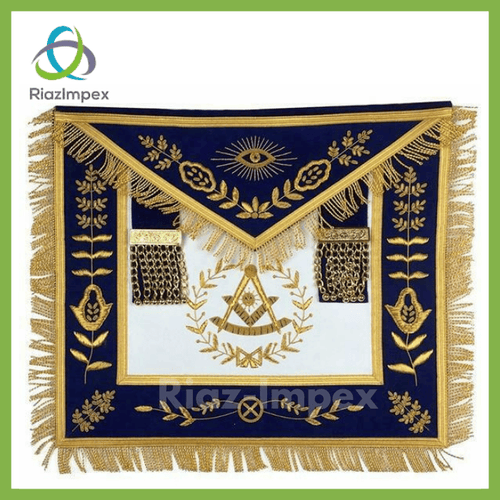 RIAZ IMPEX MASONIC REGALIA Masonic Blue Lodge Past Master Gold Handmade Embroidery Apron Blue Velvet