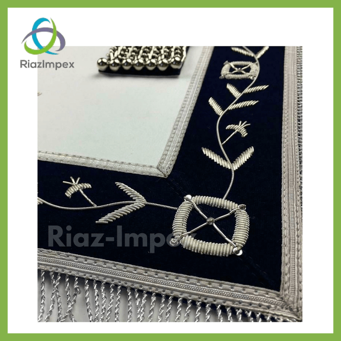 RIAZ IMPEX MASONIC REGALIA Masonic Blue Lodge Past Master Silver Handmade embroidery Apron Navy