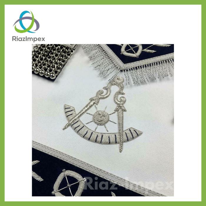 RIAZ IMPEX MASONIC REGALIA Masonic Blue Lodge Past Master Silver Handmade embroidery Apron Navy